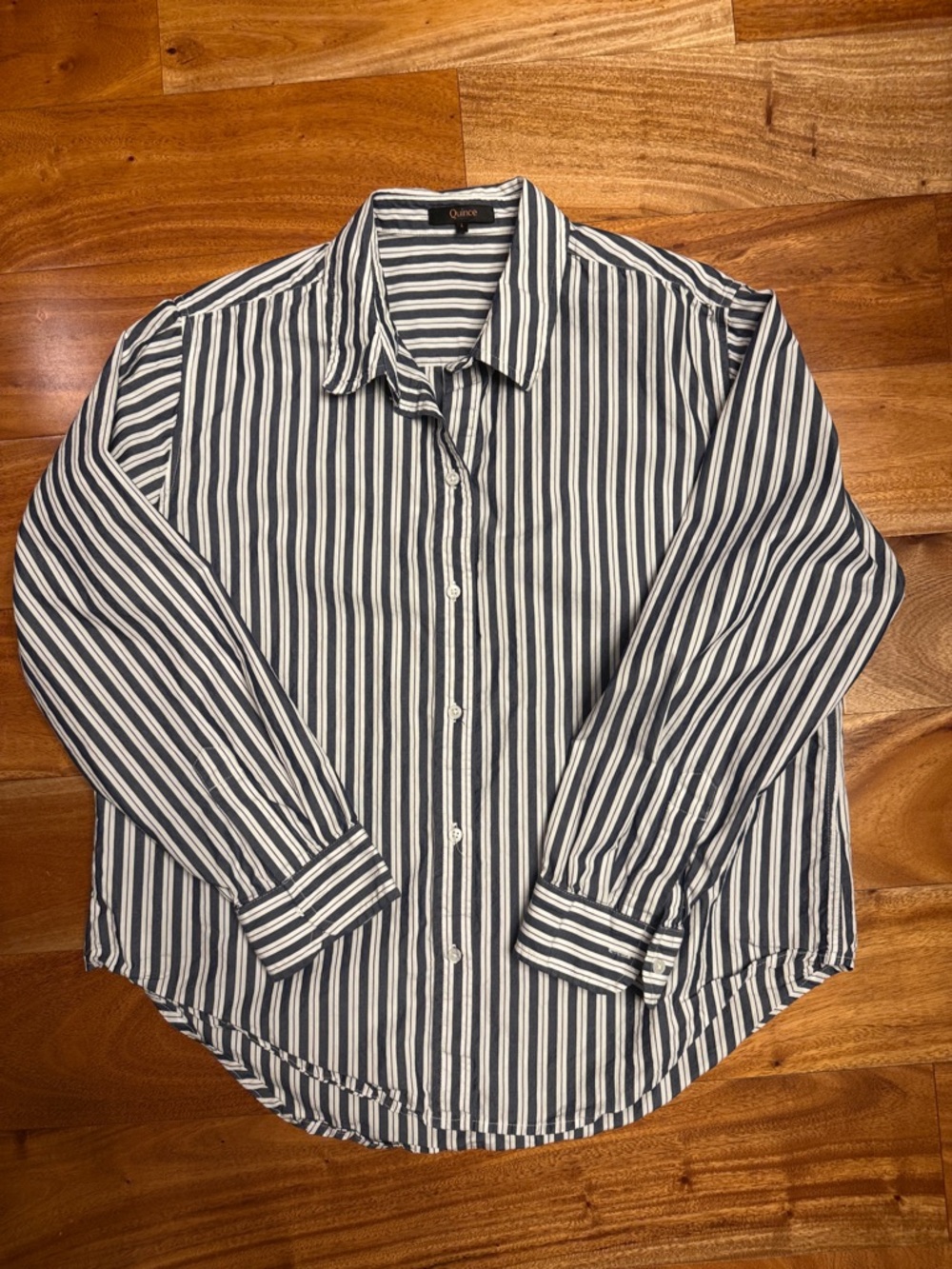 Quince Blue and White Vertical-Stripe Button-Down Shirt large